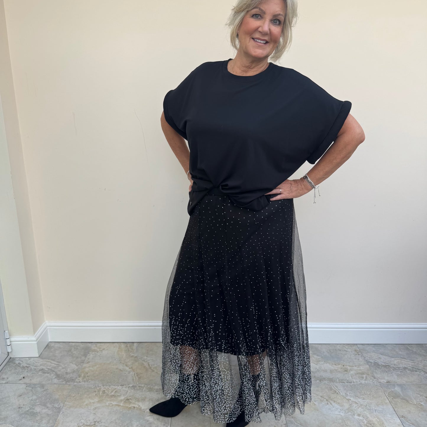 Malissa J WF2195 Mesh Skirt with Spot Black/White