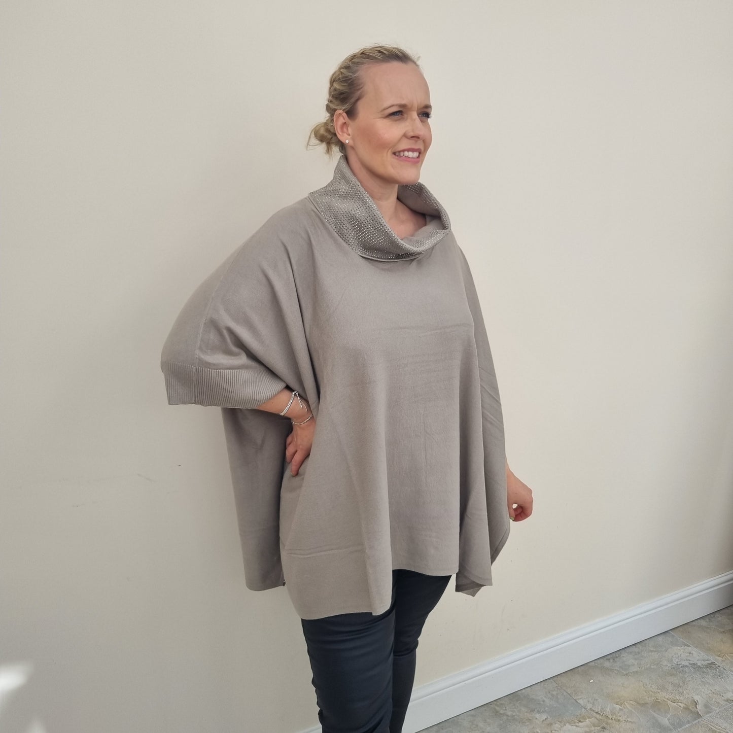 Embellished roll neck poncho jumper