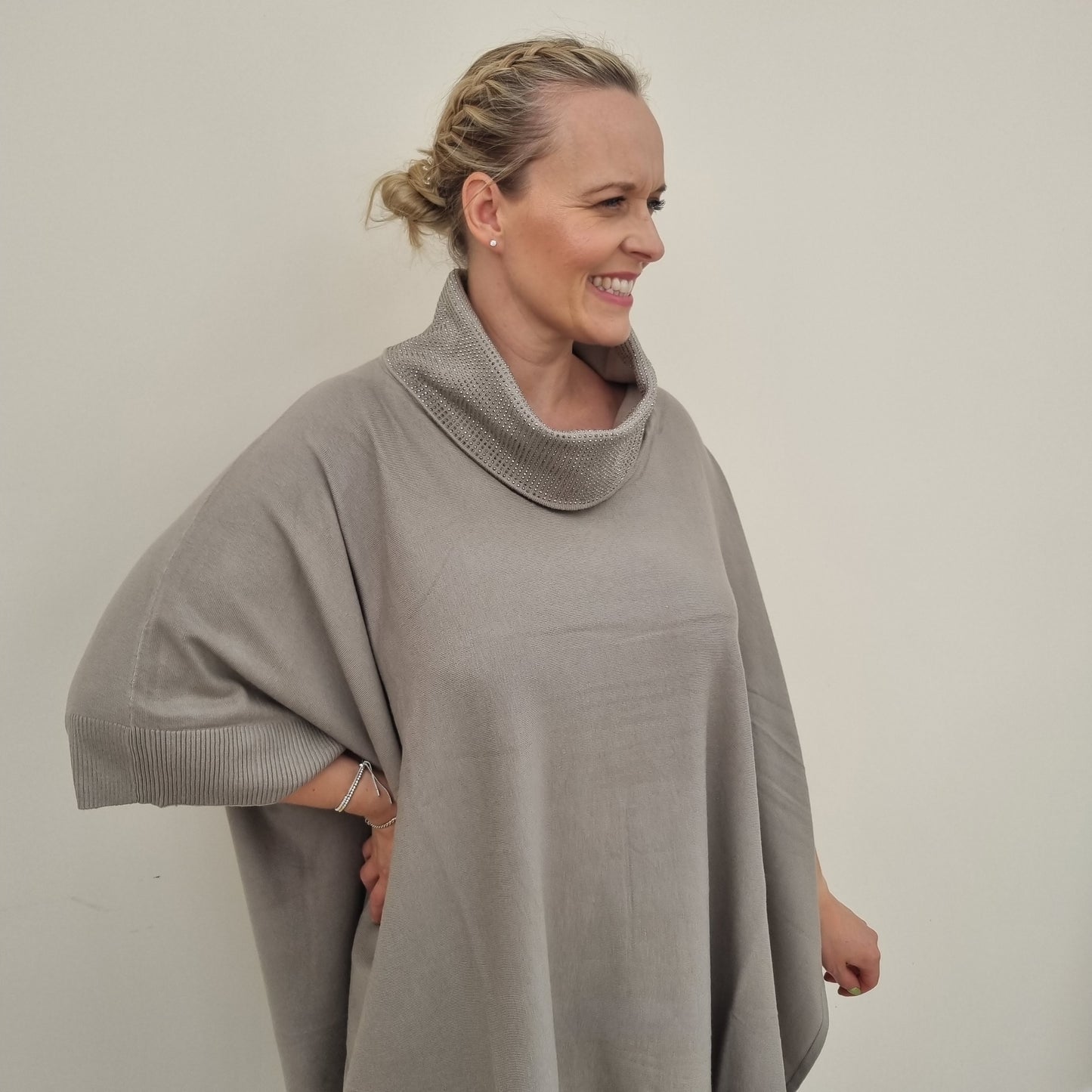 Embellished roll neck poncho jumper