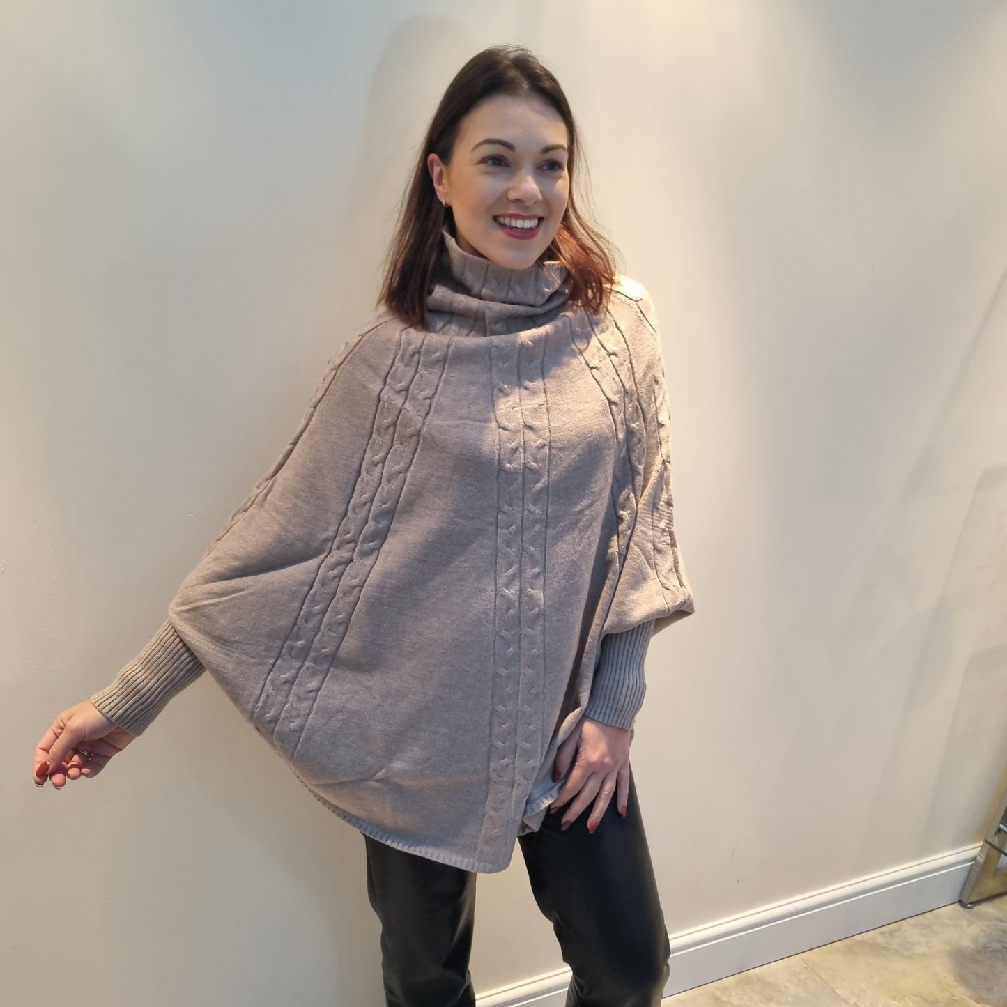 Malissa J Turtle Neck Cable Knit Poncho Style Jumper