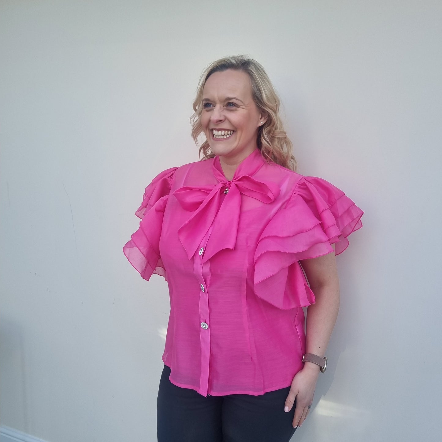 Malissa J Pink Frill Sleeve Shirt with Crystal Buttons