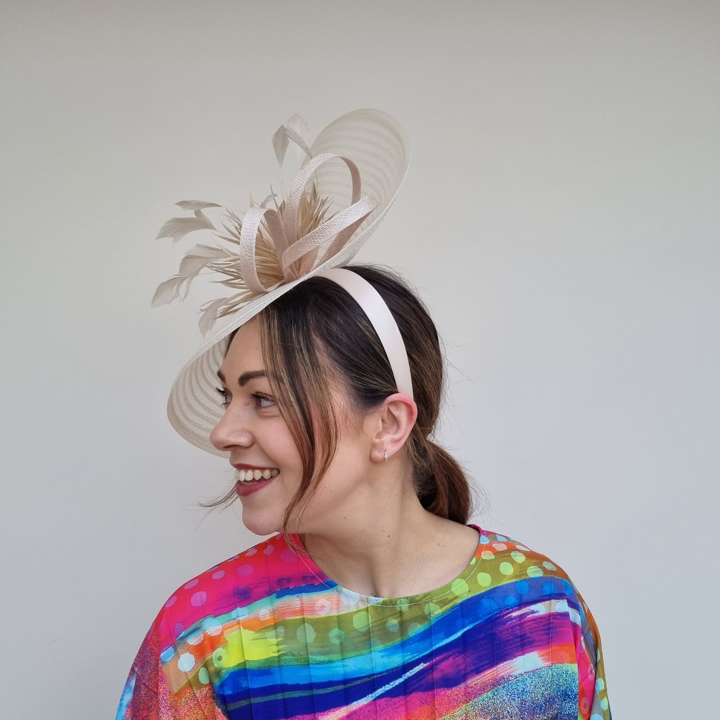 JBees JB24/15 Large Patterned Crin Fascinator with Feathers in Neutrals
