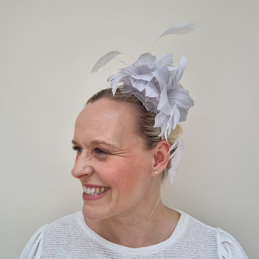 Boardmans Cove Silver Double Feather Flower Fascinator