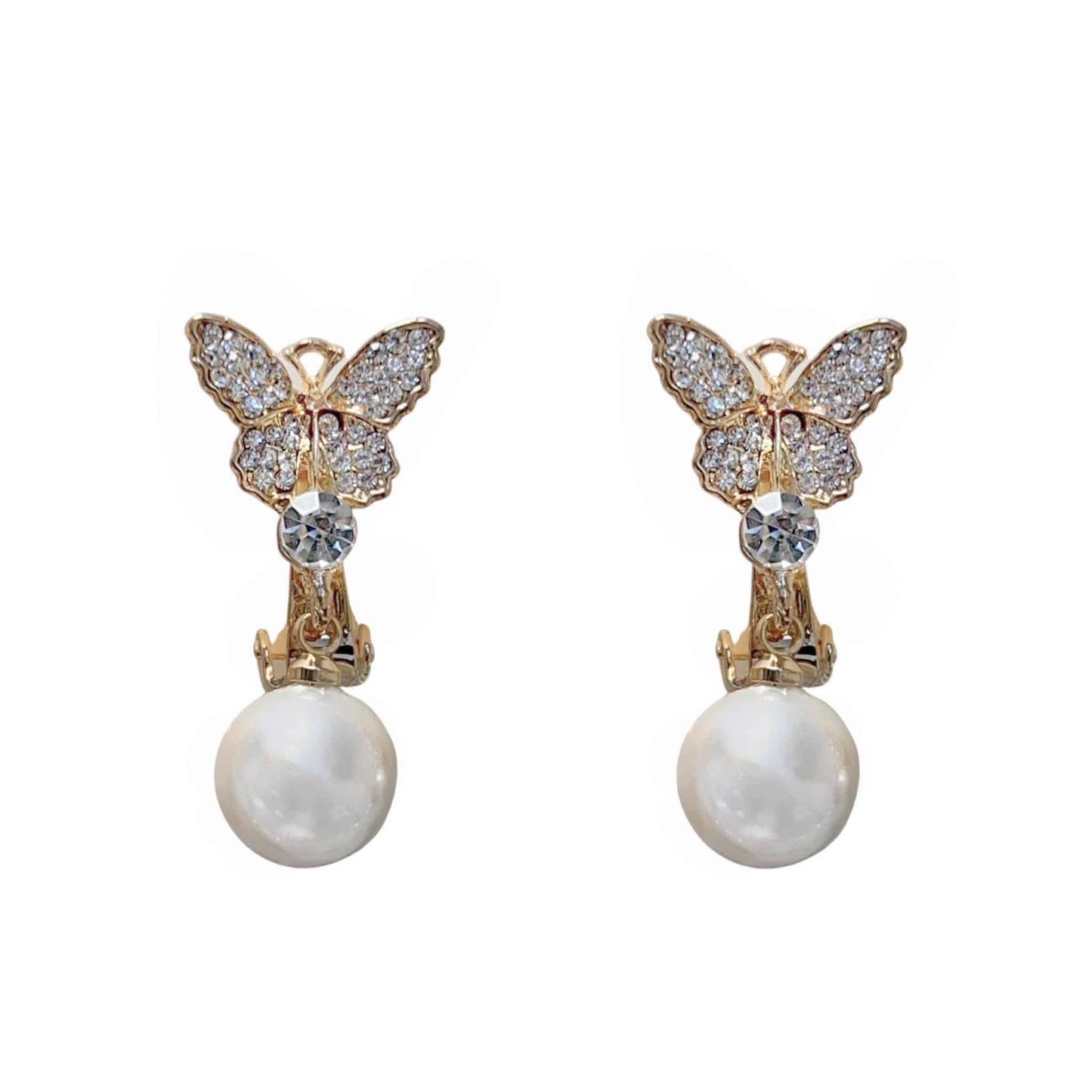 SHS Beautiful Crystal and Pearl Butterfly Clip Earrings
