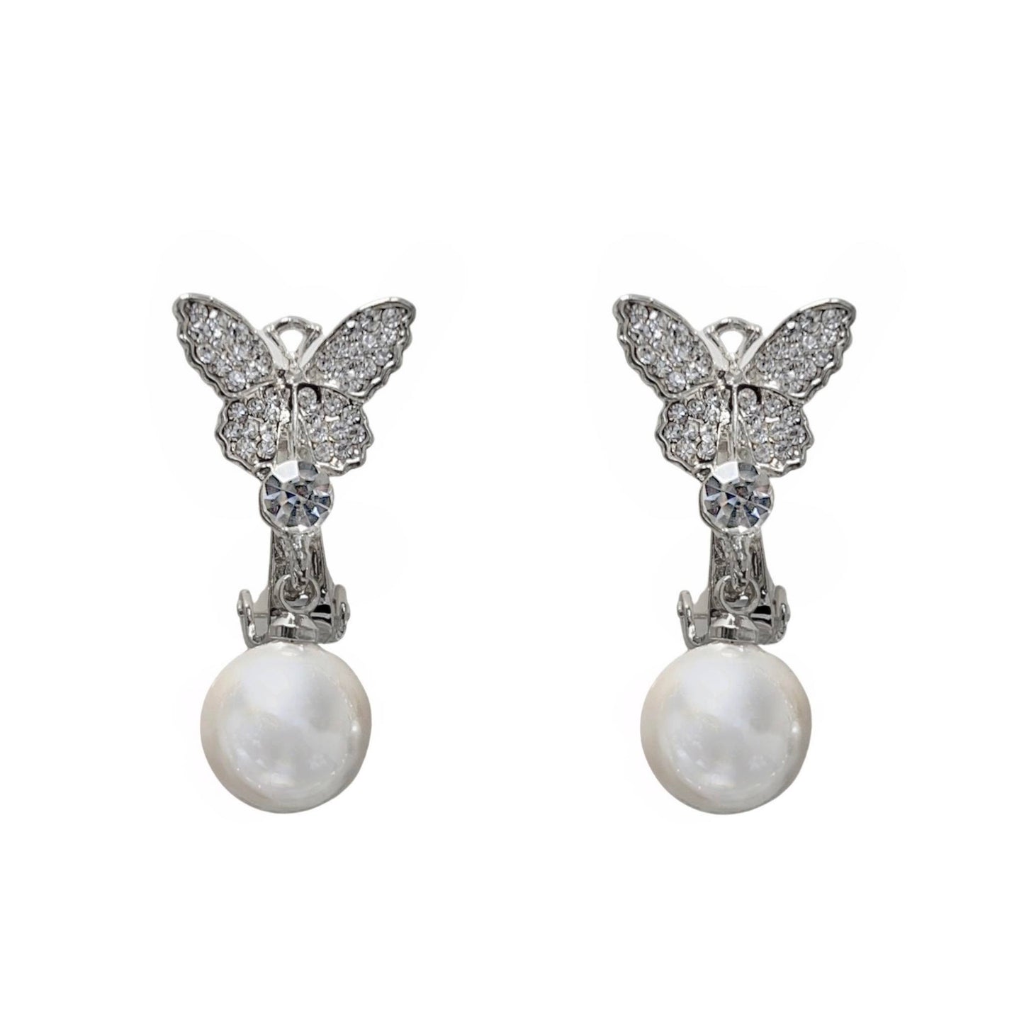 SHS Beautiful Crystal and Pearl Butterfly Clip Earrings