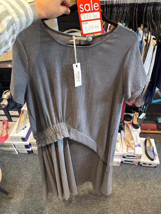 Malissa J WF1450 Grey Asymmetric Mid Length Dress with Shirt Sleeve Grey