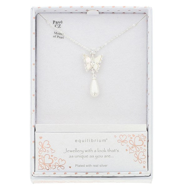 Equilibrium 359210 Pearl Butterfly Silver Plated Necklace