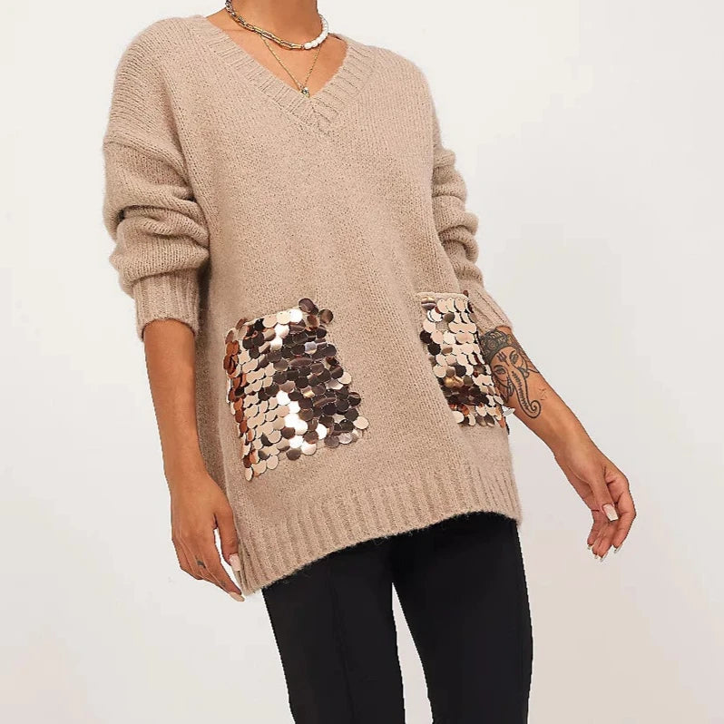 Malissa J V Neck Sequin Pocket Jumper