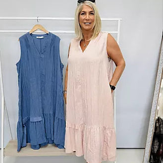 Malissa J WF2115 Denim Blue Crinkle Notch Neck Dress