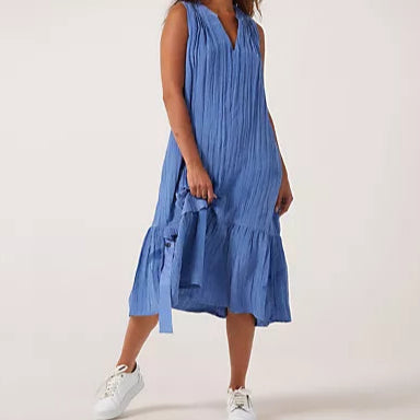 Malissa J WF2115 Denim Blue Crinkle Notch Neck Dress