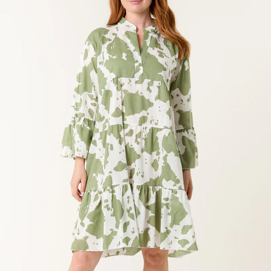 Cow Print Open Collar Tiered Dress