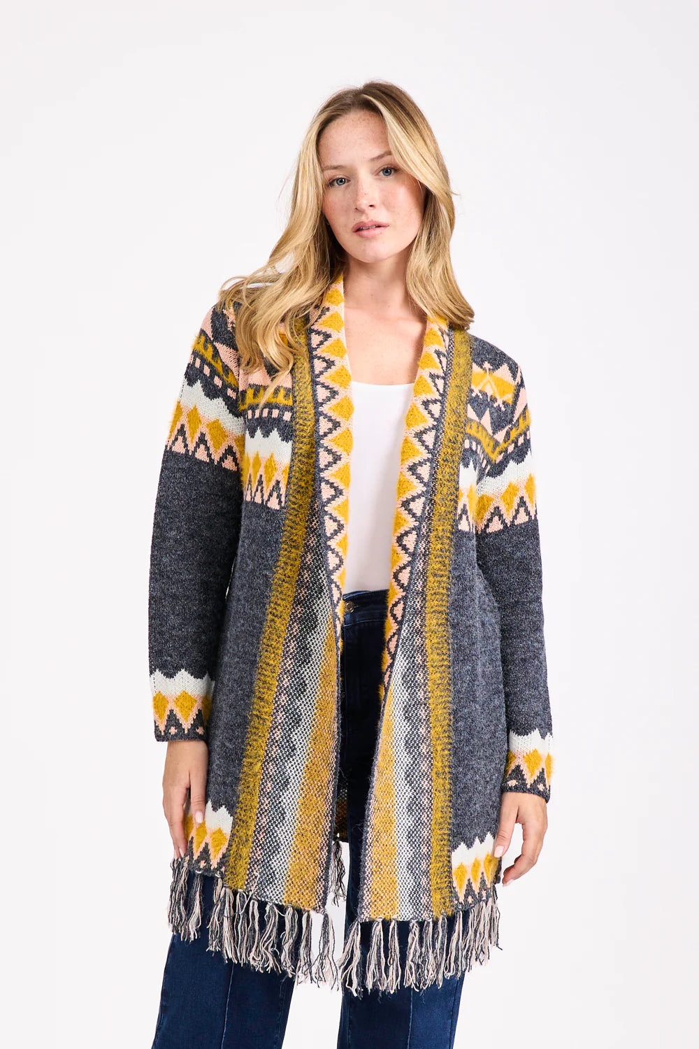 Mudflower Fringed Aztec Long Cardigan