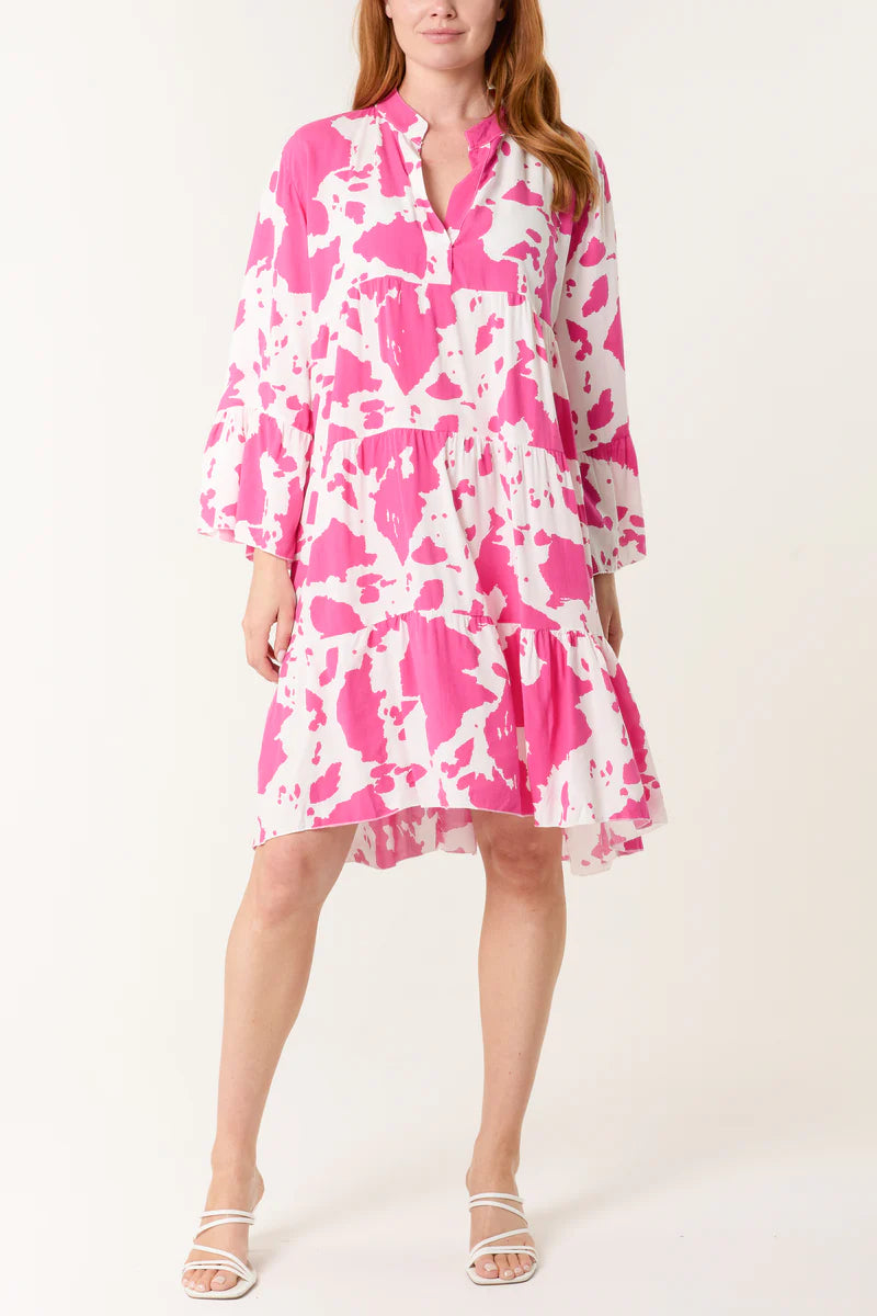 Cow Print Open Collar Tiered Dress