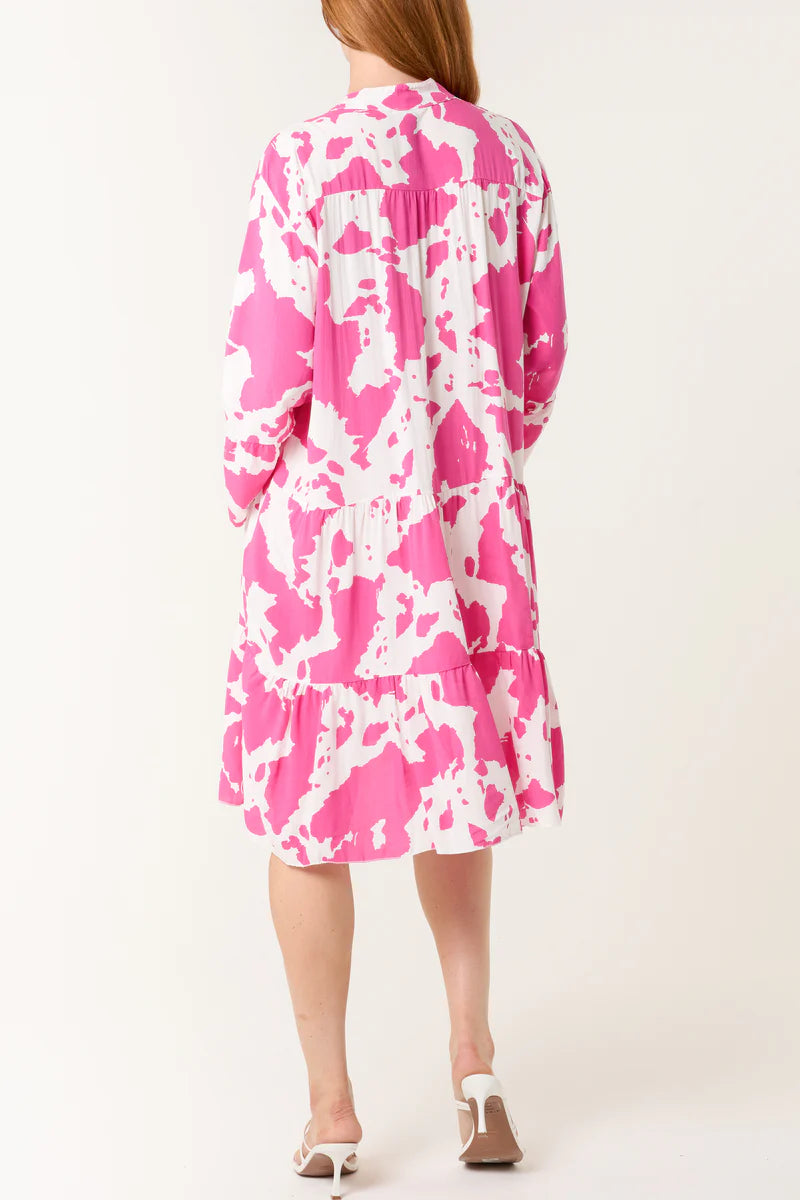 Cow Print Open Collar Tiered Dress