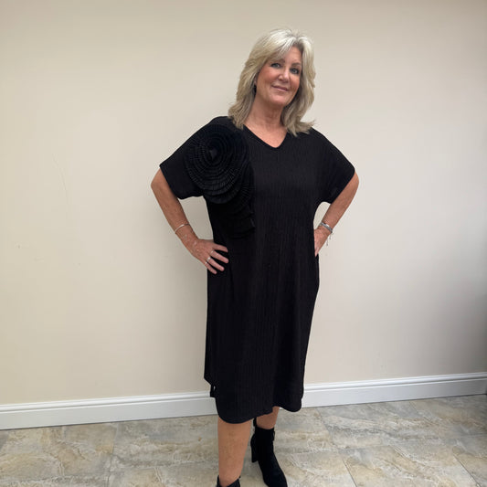 Malissa J WF2632 Ripple Jersey V Neck Dress with Flower Applique