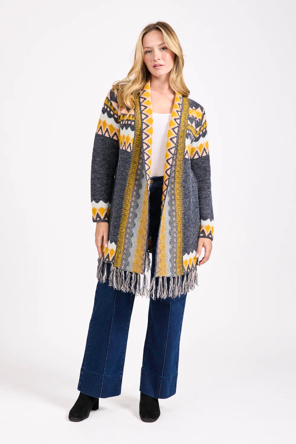 Mudflower Fringed Aztec Long Cardigan