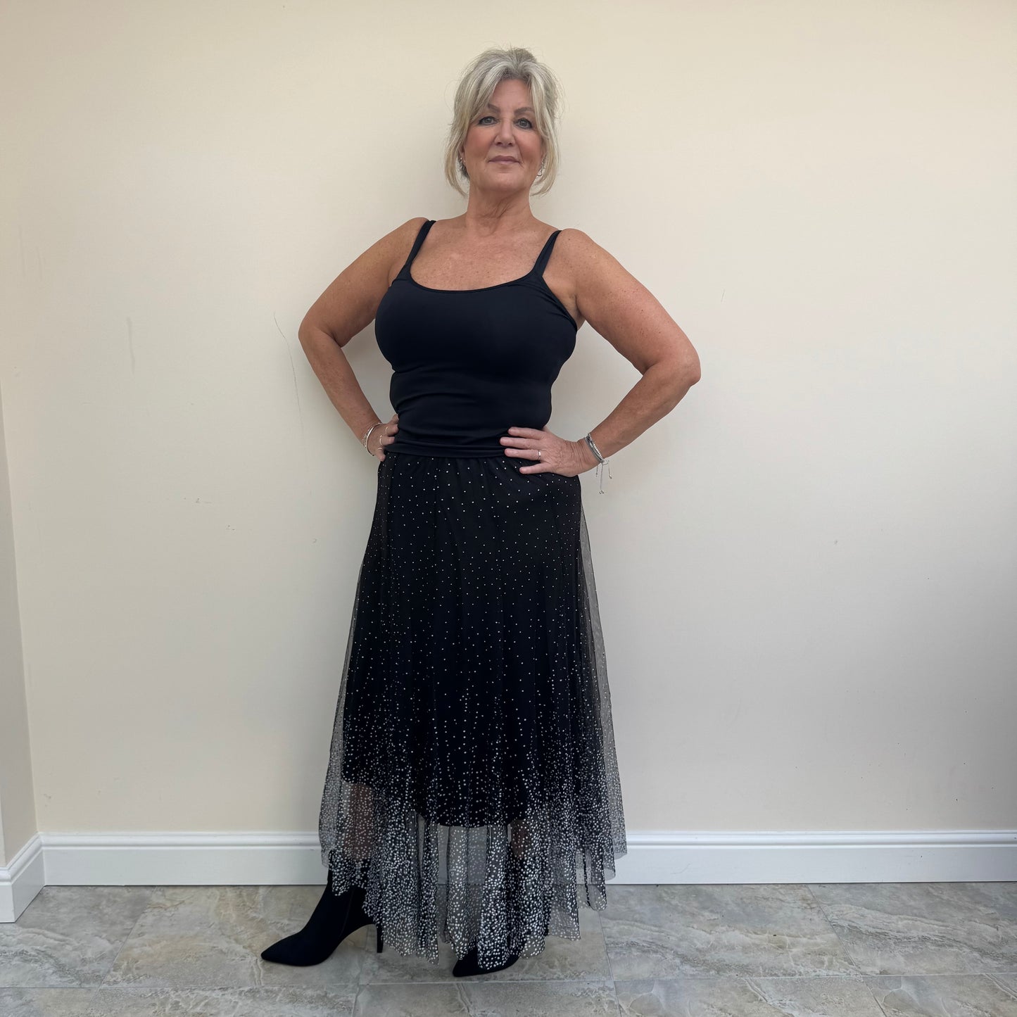 Malissa J WF2195 Mesh Skirt with Spot Black/White