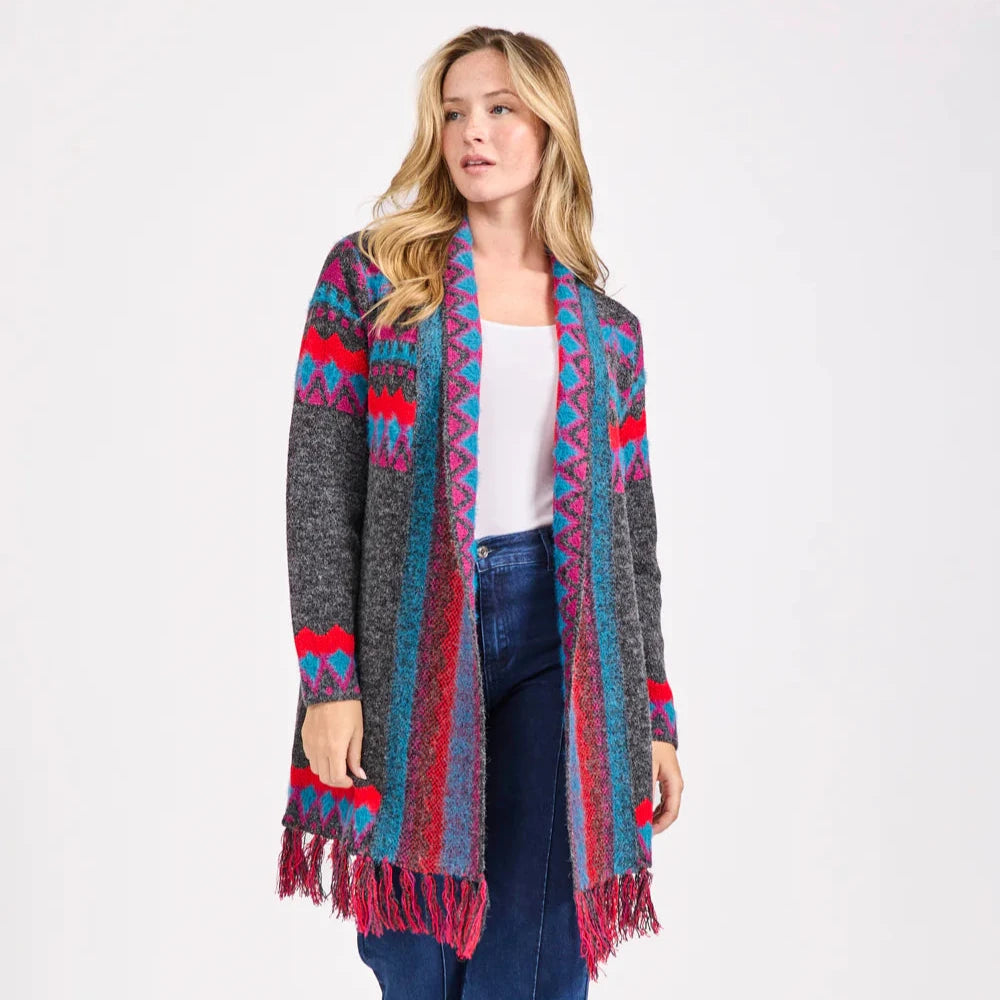 Mudflower Fringed Aztec Long Cardigan