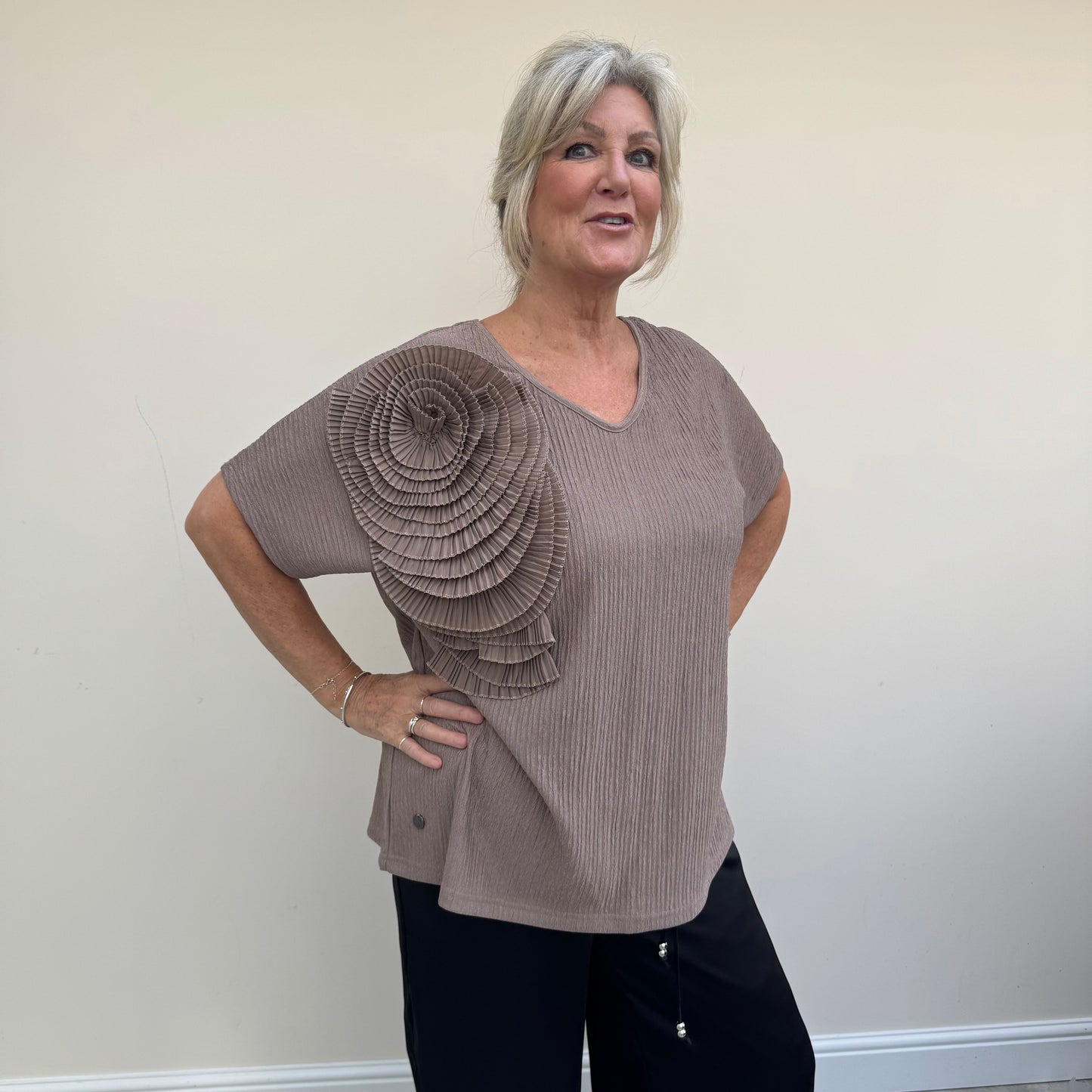 Malissa J WF2633 Ripple Jersey V Neck Top