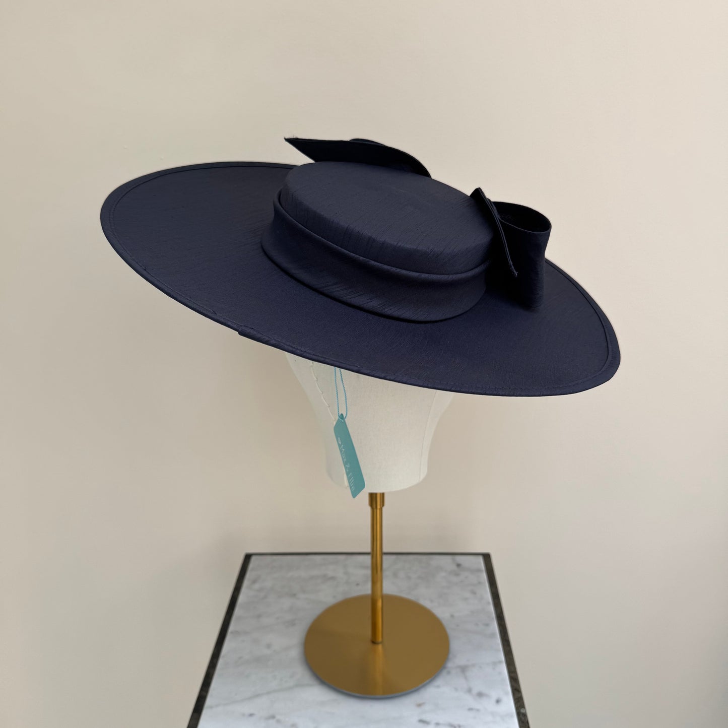 Max & Ellie SH6 Navy Blue Shantung Boater Hat with Bow Detail