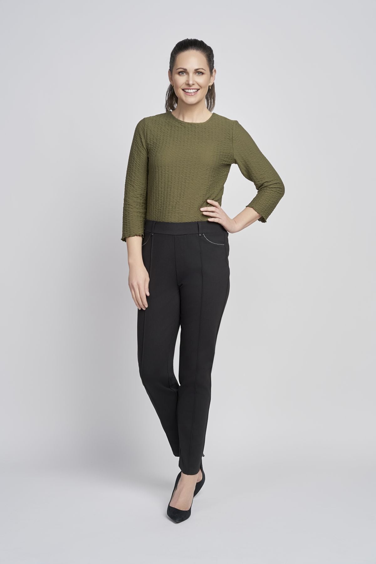 Pinns 707T Black Ponte Straight Leg Trousers with Silver Detail