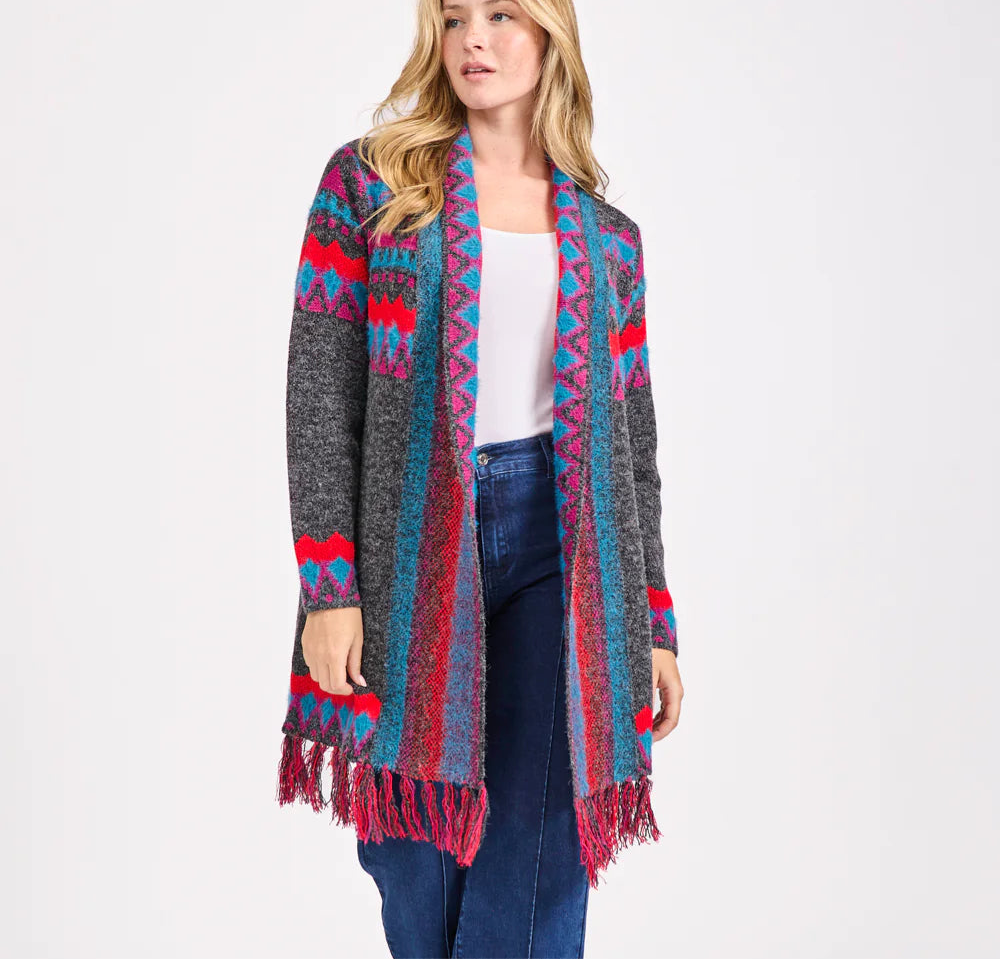 Mudflower Fringed Aztec Long Cardigan