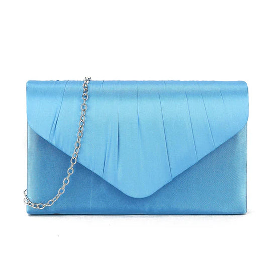 Blue clutch bag with a chain strap on a white background