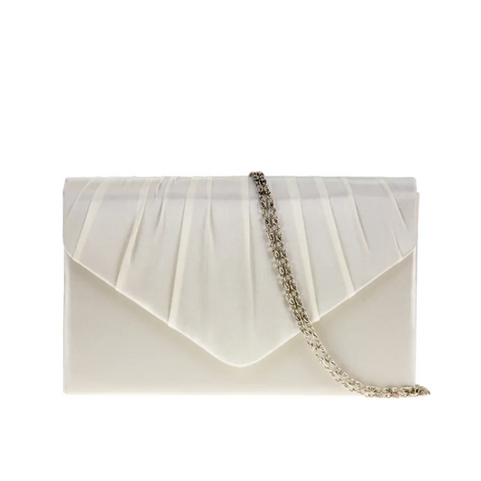 Ivory clutch bag with a decorative chain on a white background