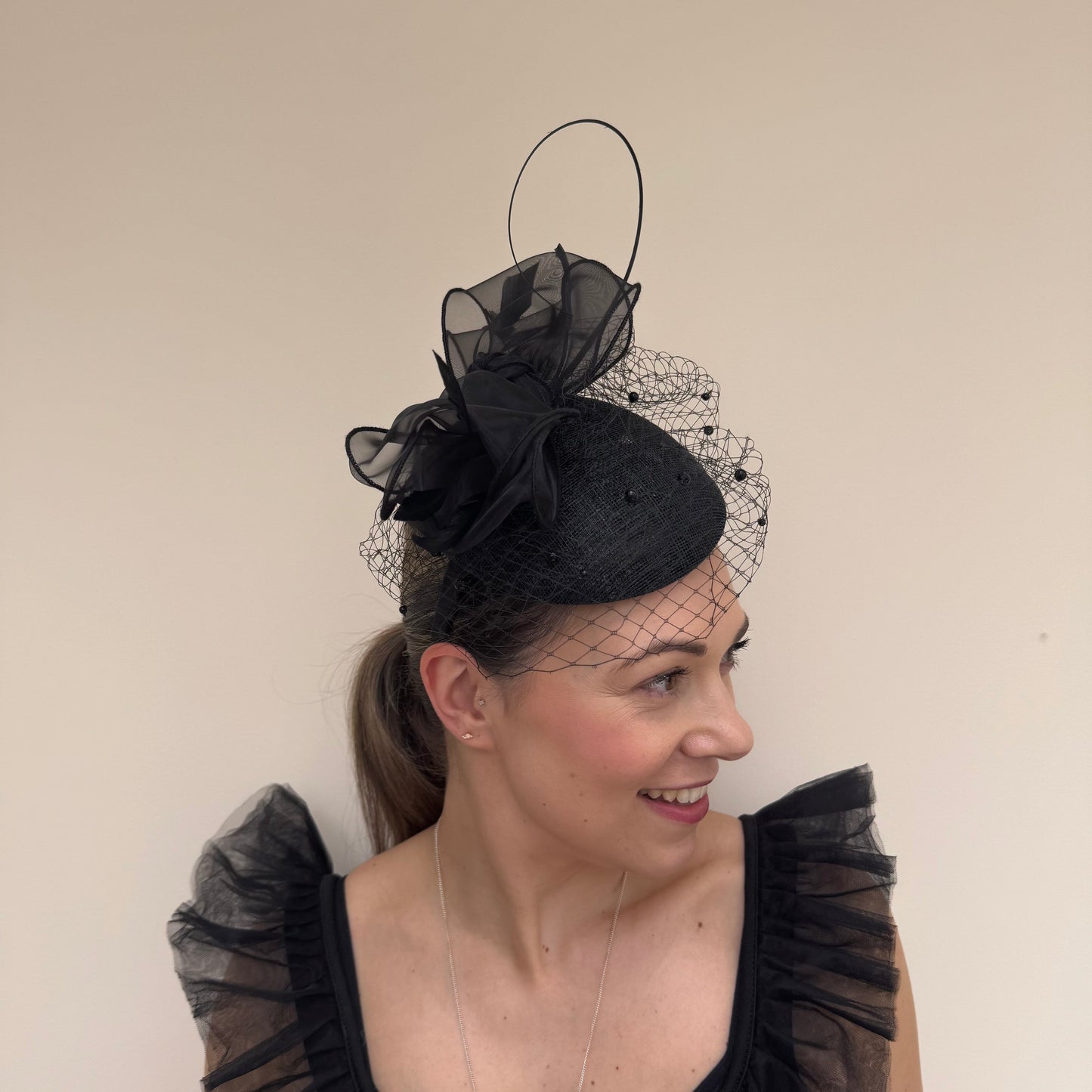 J Bees JB26/108 Black Pillbox with pearl and lace