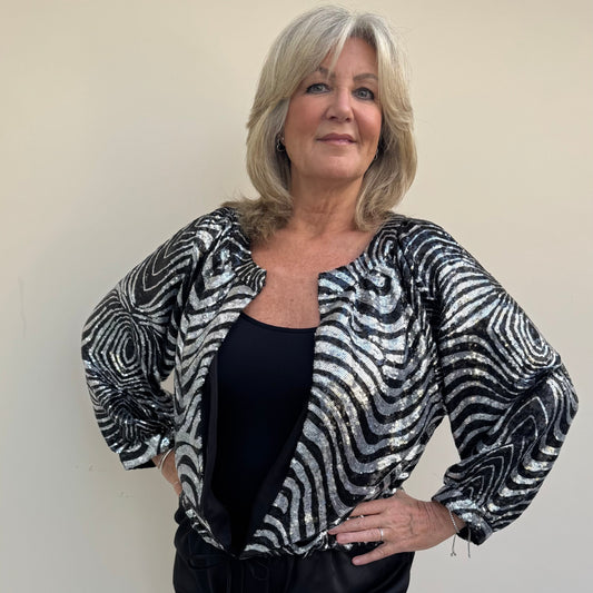 Malissa J WF2302 Silver Stripe Sequin Bomber Jacket