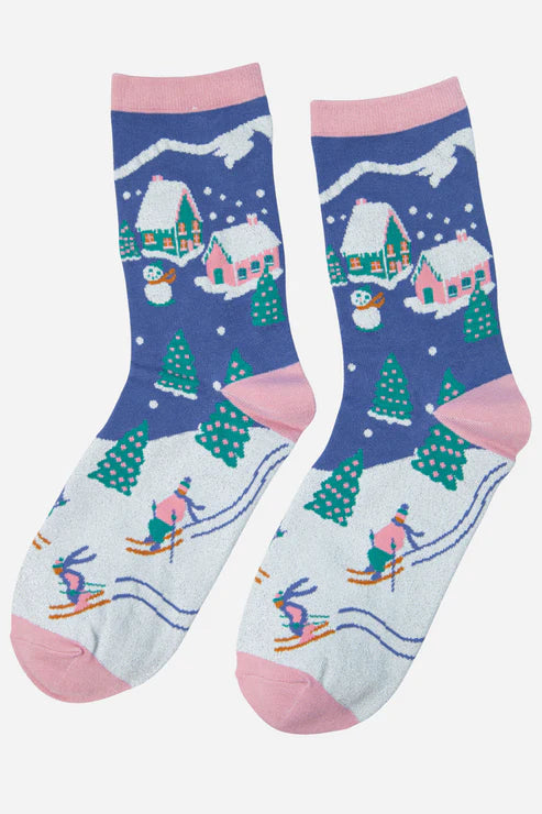 Pink Ski Village Print Bamboo Socks 4446VILLPI