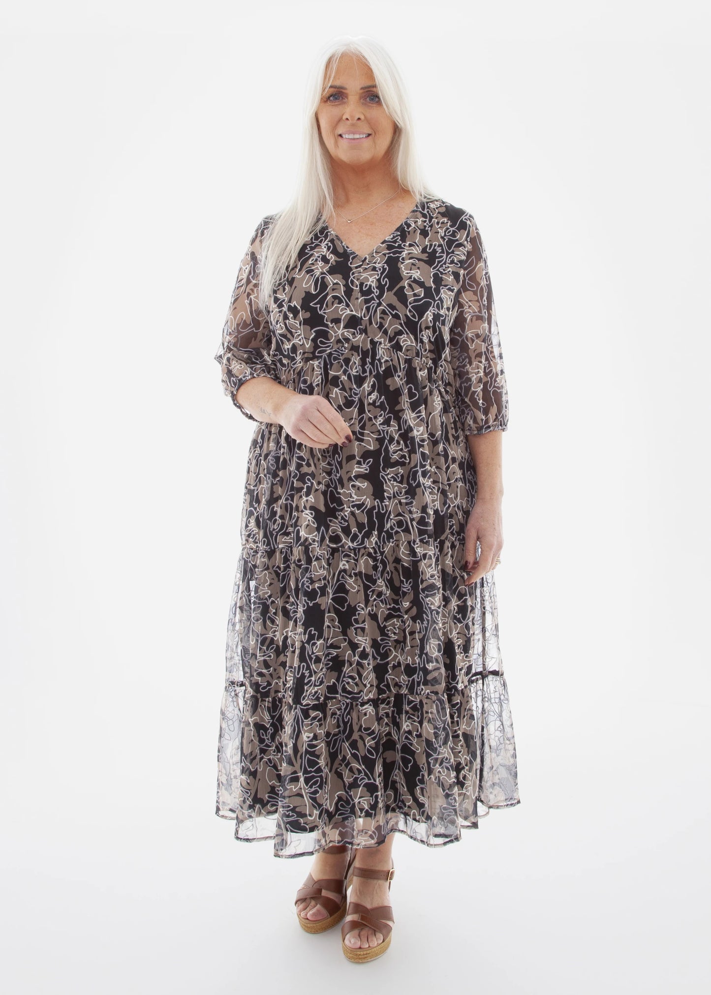 Dreams Shadow Floral Embroided Tiered Dress