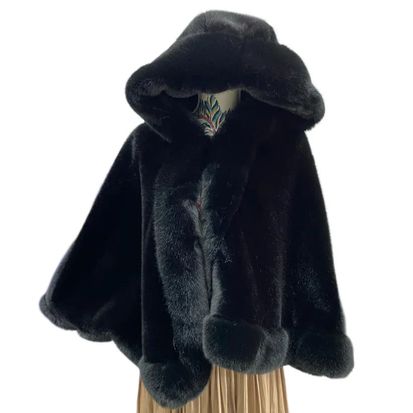 Faux Fur Hooded Poncho Cape