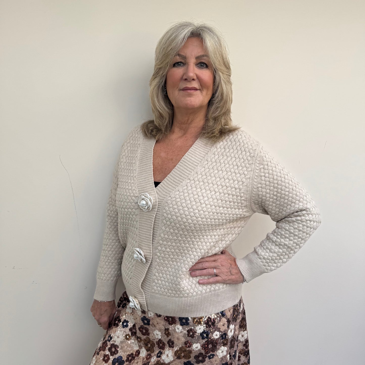 Malissa J WF2545 Waffle Knit Cardigan with Carmellia Poppers