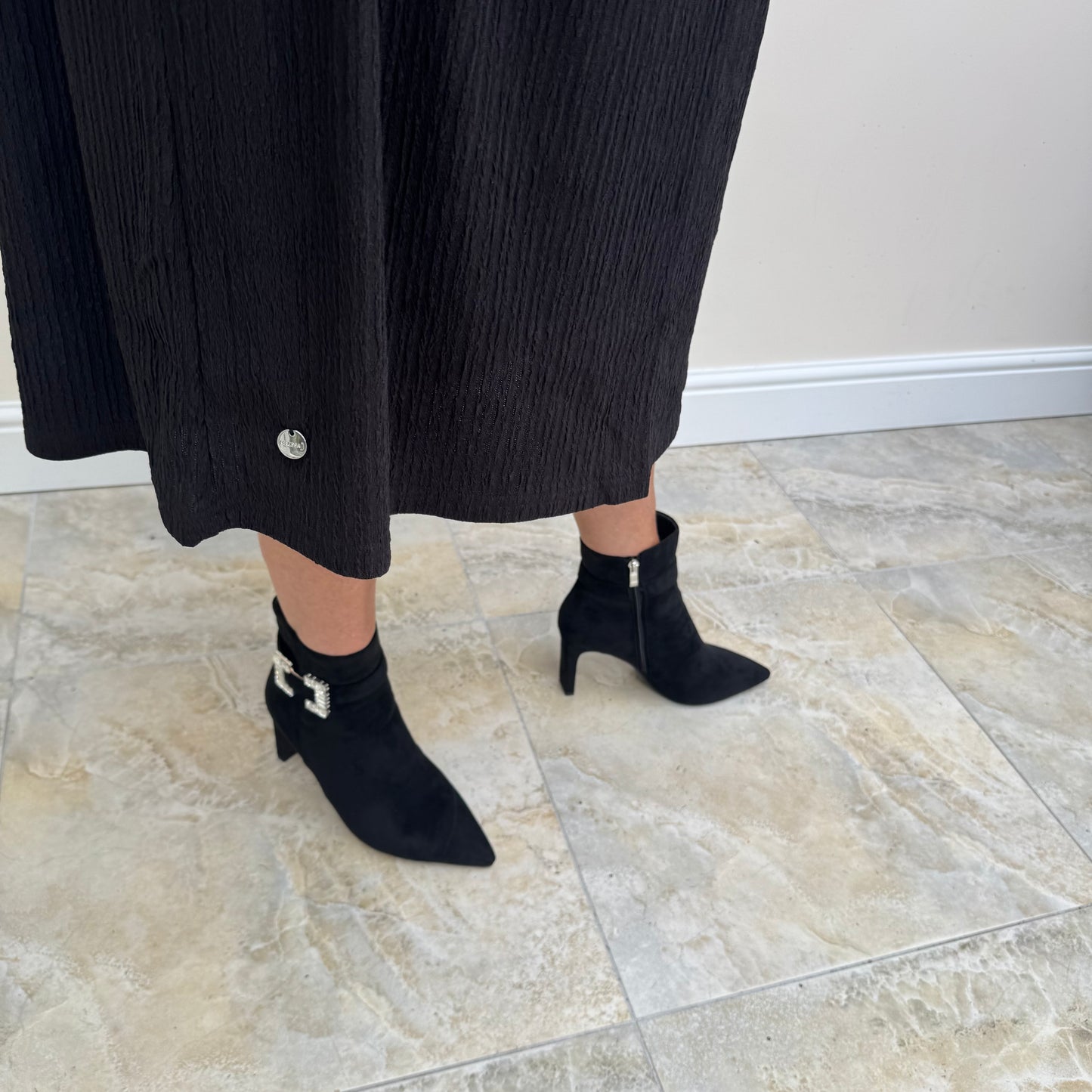 Malissa J WF2632 Ripple Jersey V Neck Dress with Flower Applique