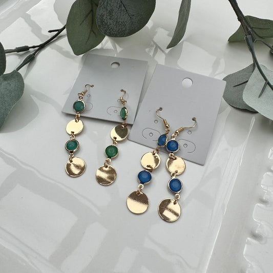 Gold Disc Droppers with Contrast Stones Earrings
