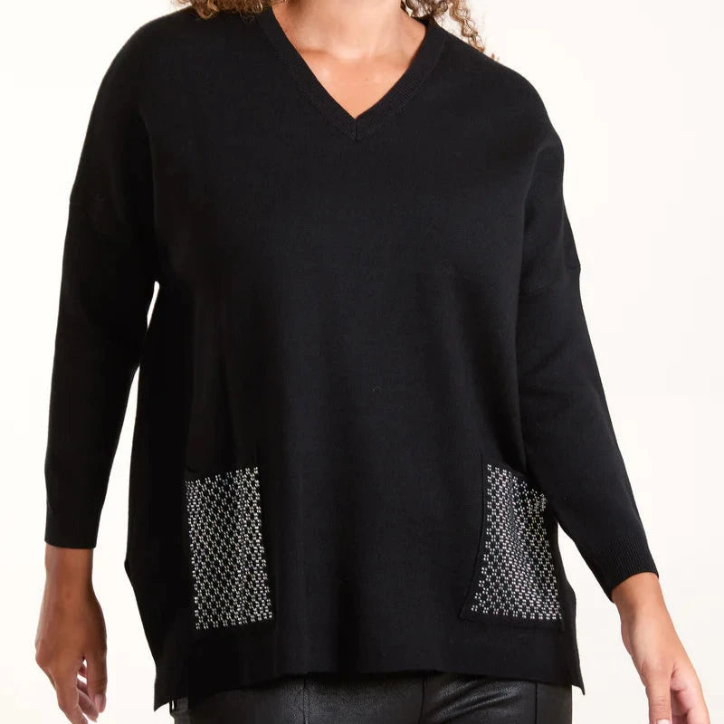 Diamante Pocket V Neck Jumper