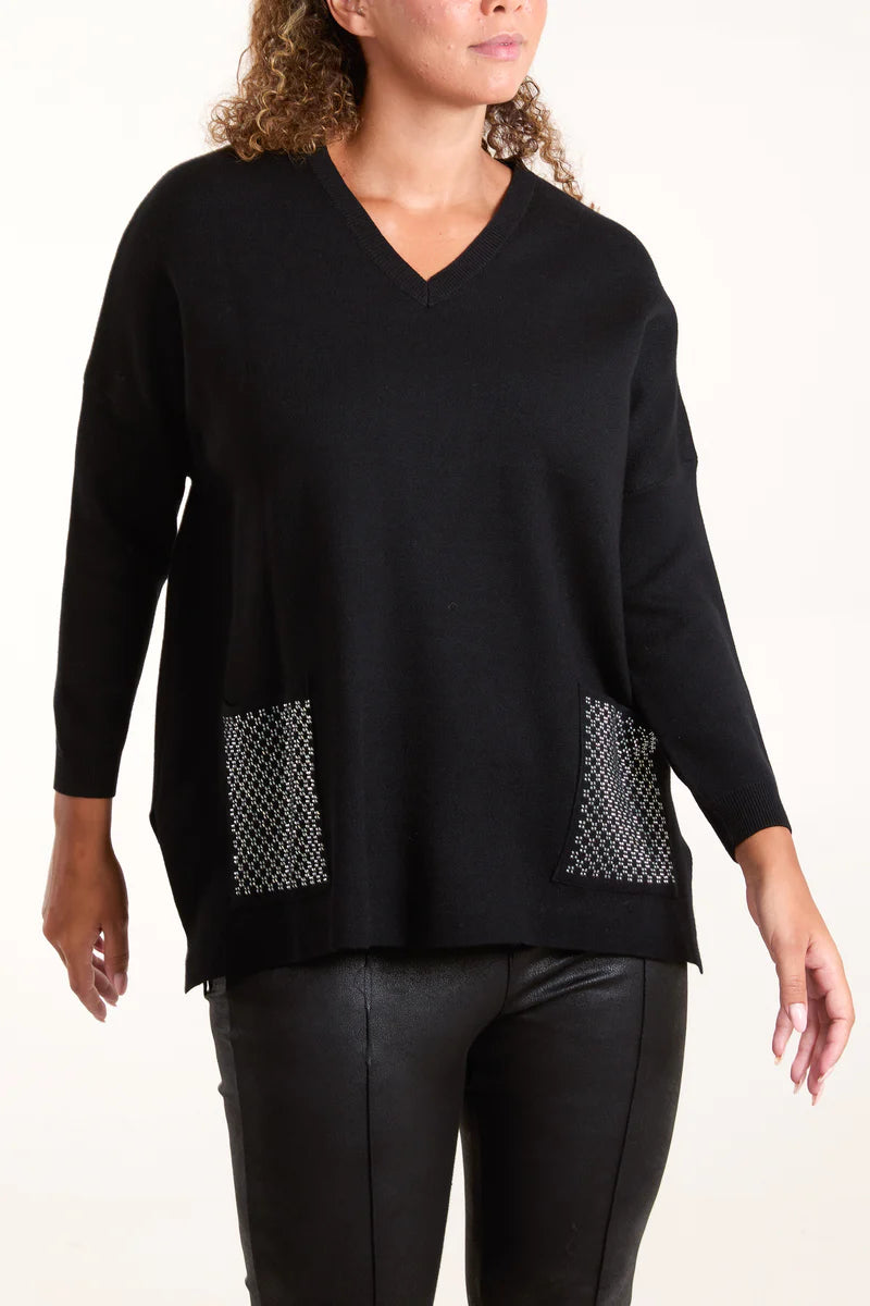 Diamante Pocket V Neck Jumper