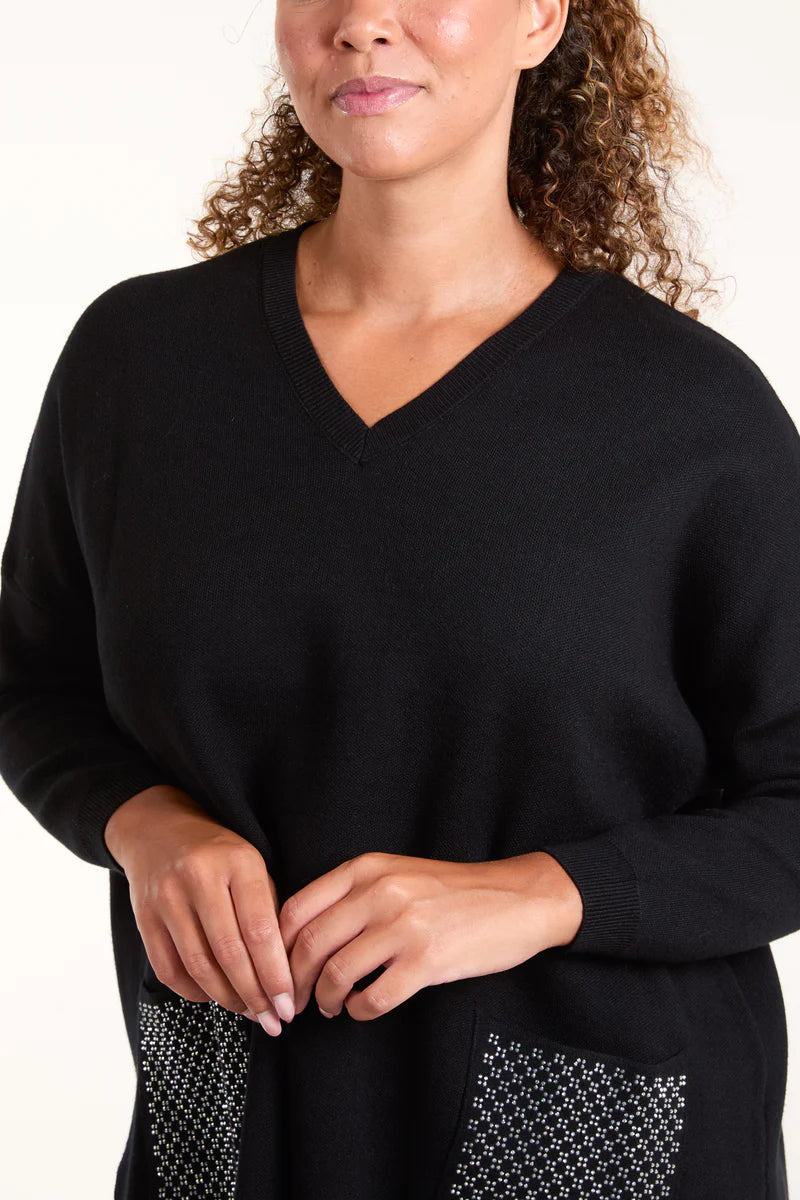 Diamante Pocket V Neck Jumper