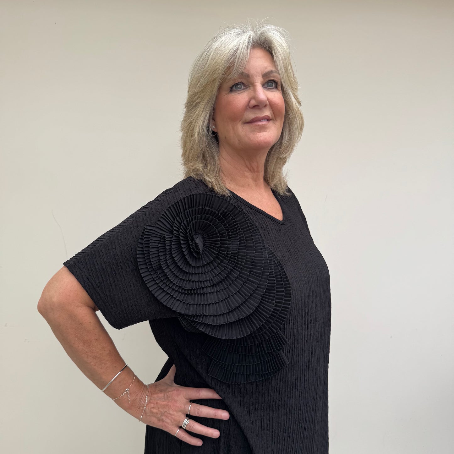 Malissa J WF2632 Ripple Jersey V Neck Dress with Flower Applique