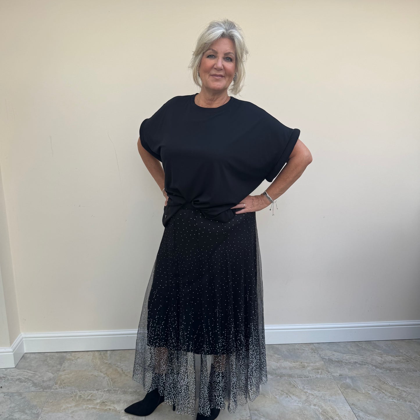 Malissa J WF2195 Mesh Skirt with Spot Black/White