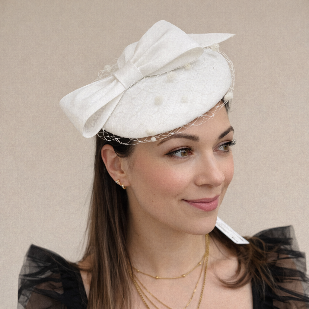 Max and Ellie SP5 Shantung Pillbox with veil and bow Ivory