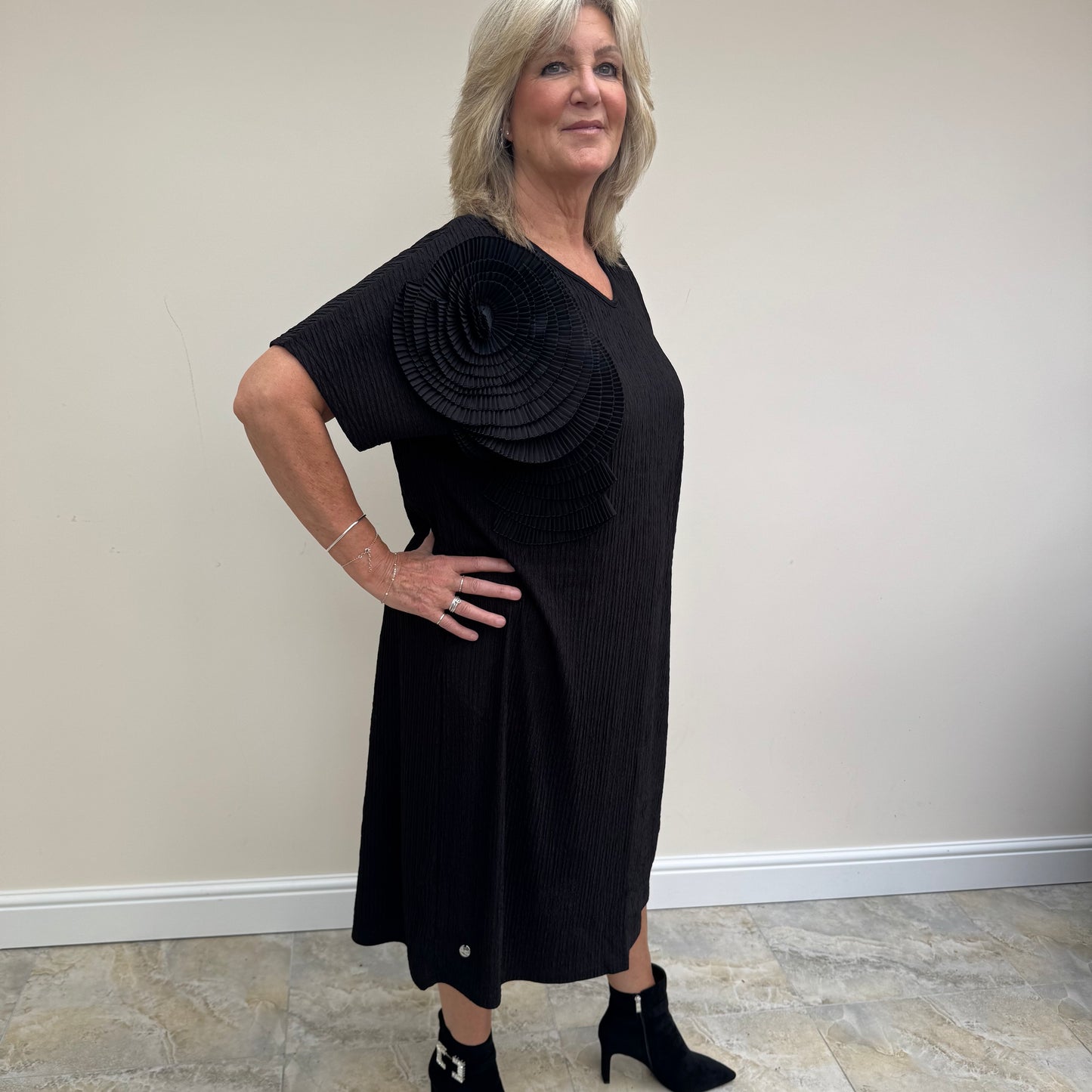 Malissa J WF2632 Ripple Jersey V Neck Dress with Flower Applique