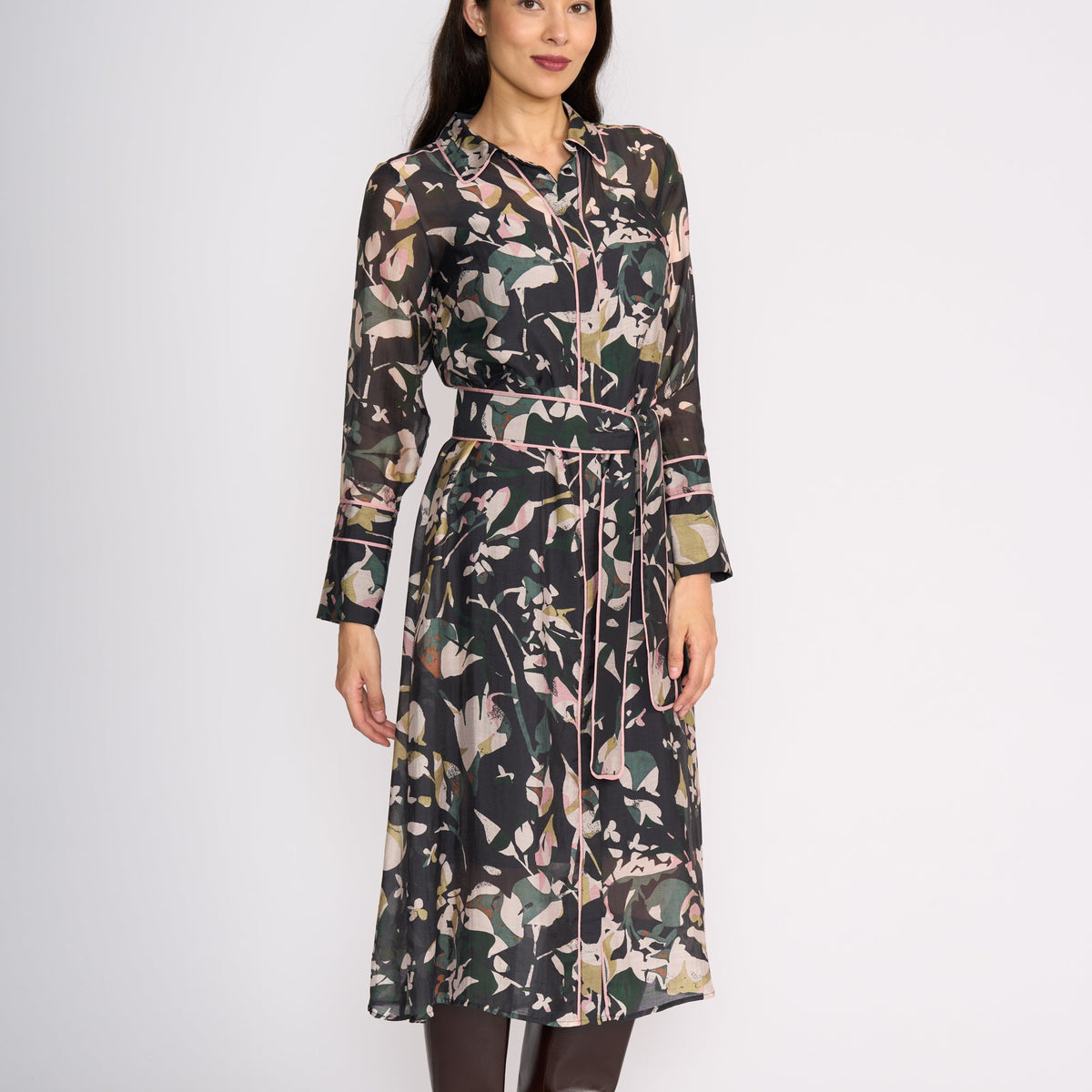 Foil Pipe Up Shirt Dress Shadow Leaf