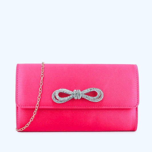 Koko Fuchsia Pink Satin Bag with Diamante Bow