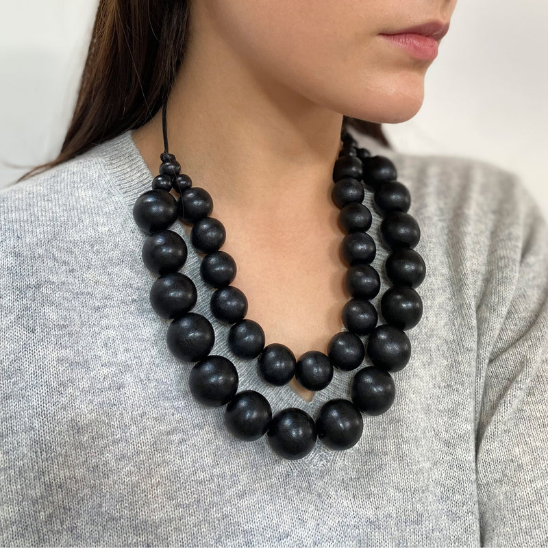 Lotus Feet Double Ball Black Necklace