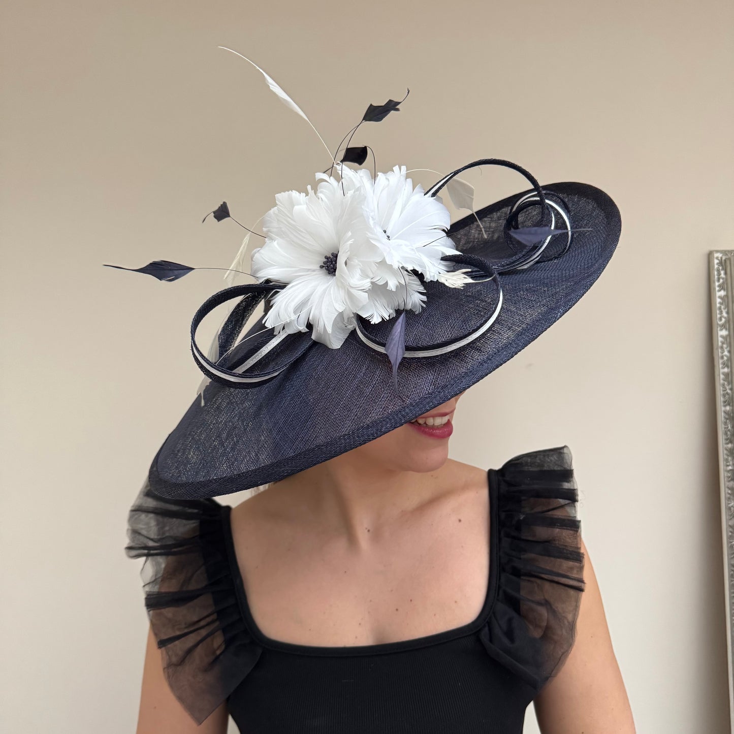 J Bees JB26/1020 Navy Blue & White Feather and Ribbon Hatinator