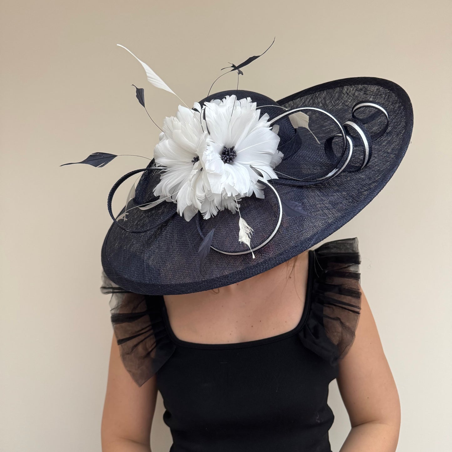 J Bees JB26/1020 Navy Blue & White Feather and Ribbon Hatinator