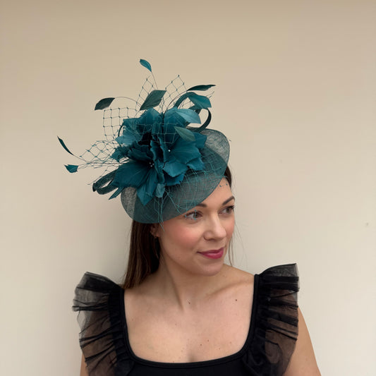 J Bees JB18/040 Forest Teal Fascinator with feathers Forest