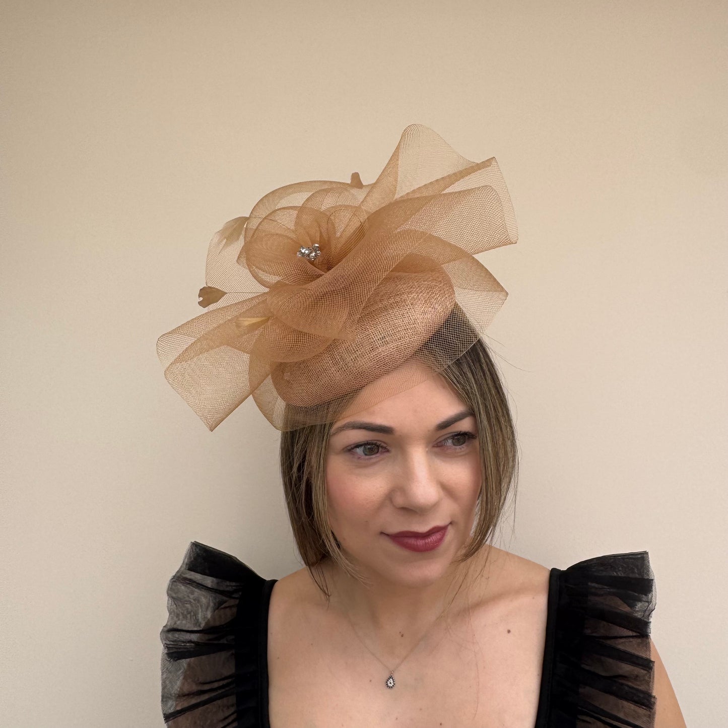 J Bees JB26/110 Brandy Tan Pillbox Fascinator with Net